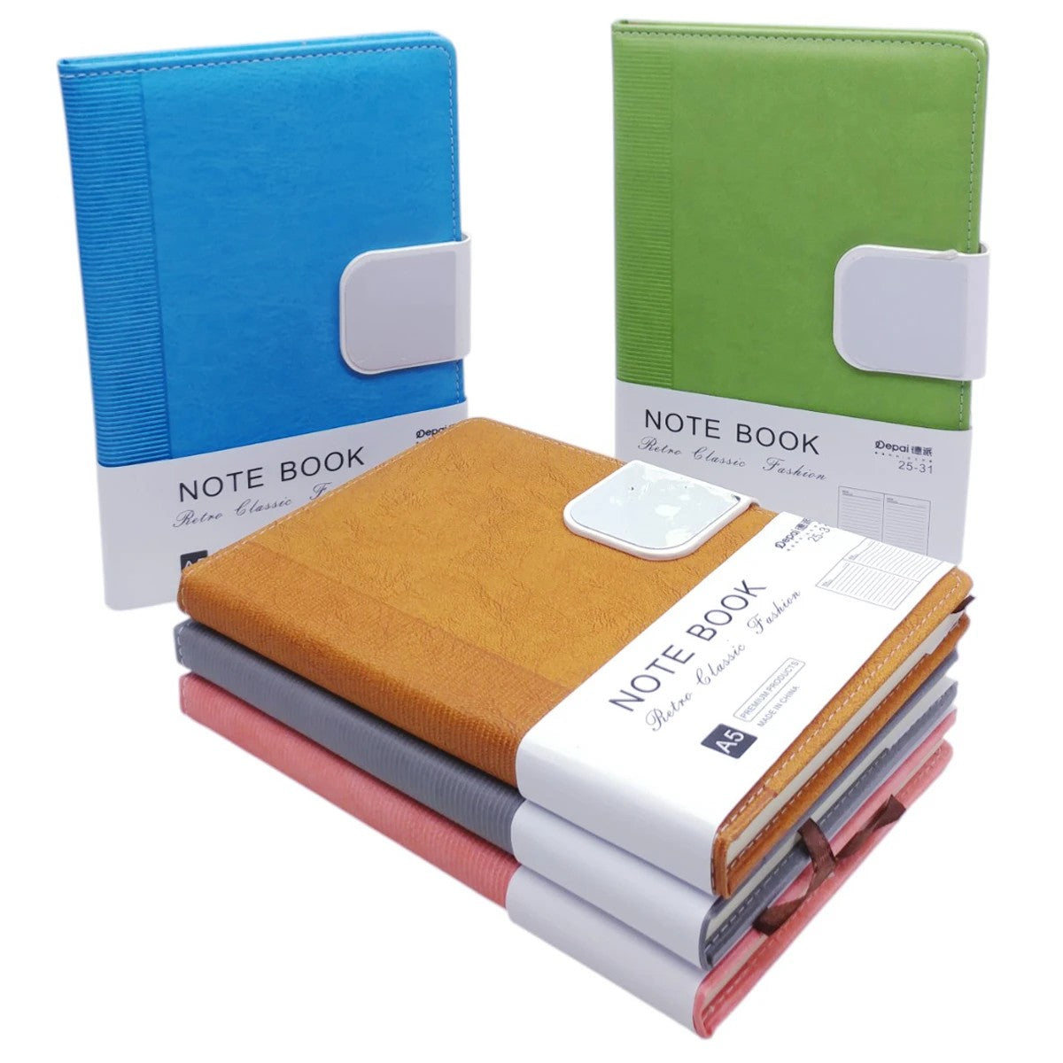 Leather-bound notebook with button closure - Lined - 192 pages, 80gsm - Depai 25-31 - Brown