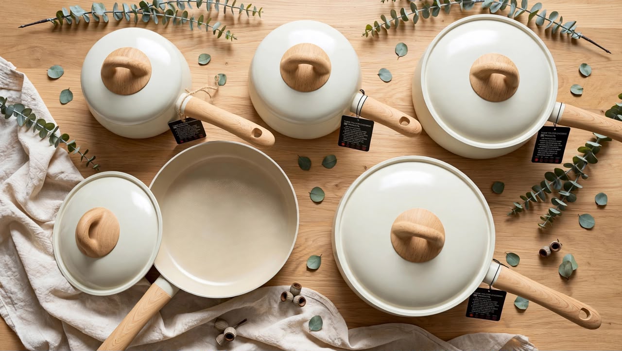High quality UCC LIFE 9PCS Cream Beige Non-Stick Set with ceramic coating