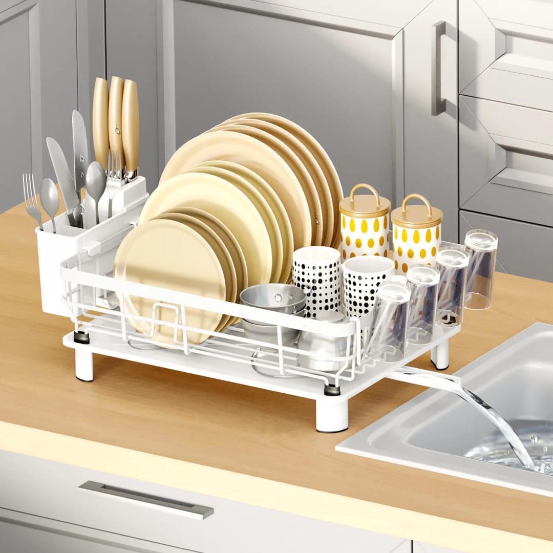 Minimalist countertop dish drying rack with a durable white-coated metal frame and removable utensil holder