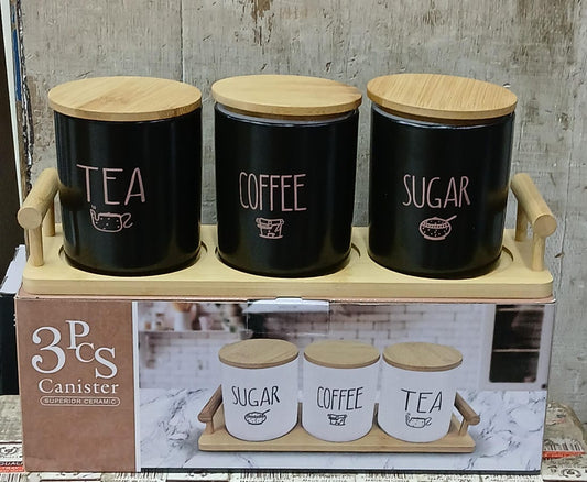 3pcs canister set (tea, sugar and coffee) with bamboo stand