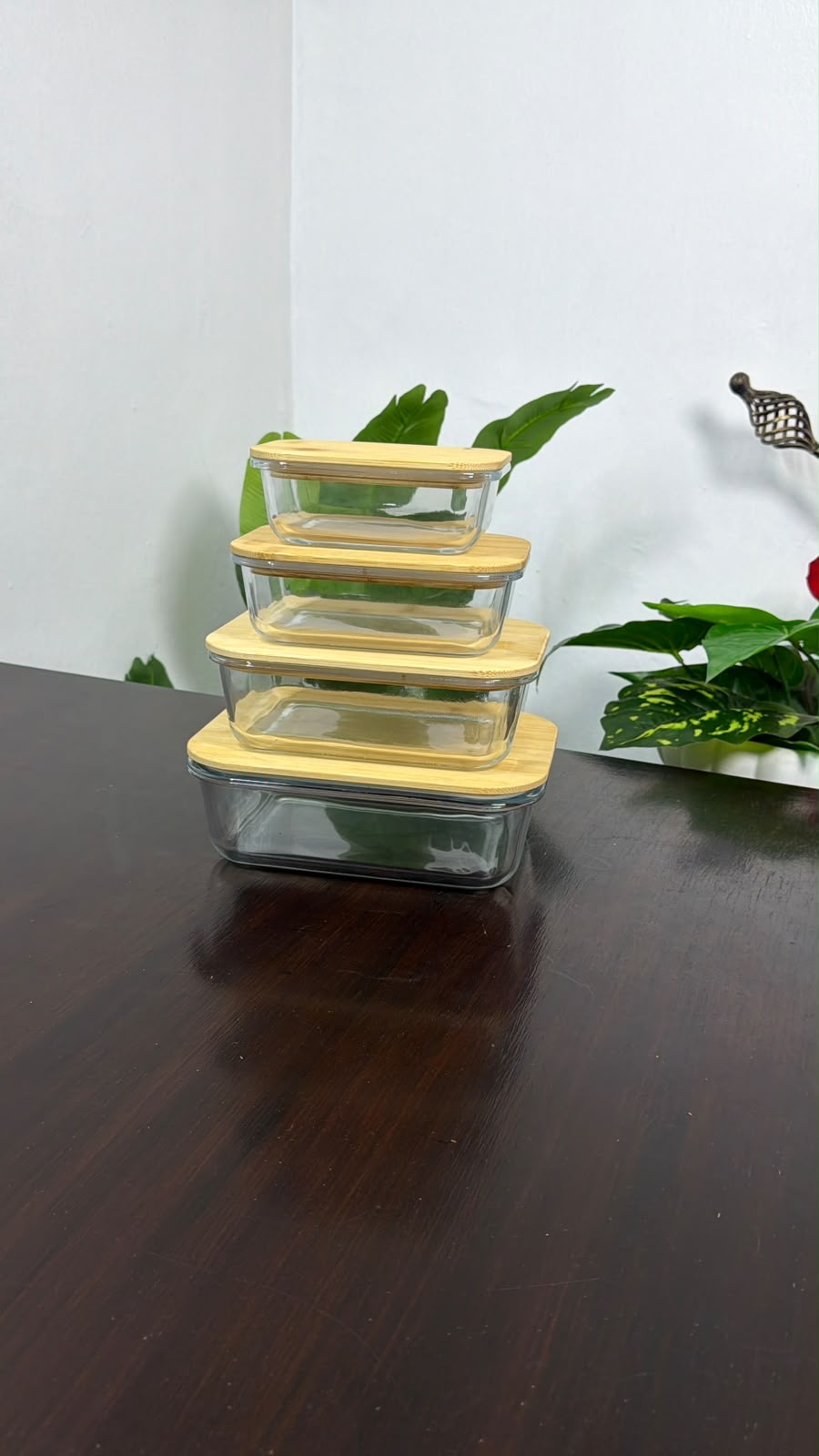 Borosilicate glass food storage containers with natural bamboo lids 4pcs set