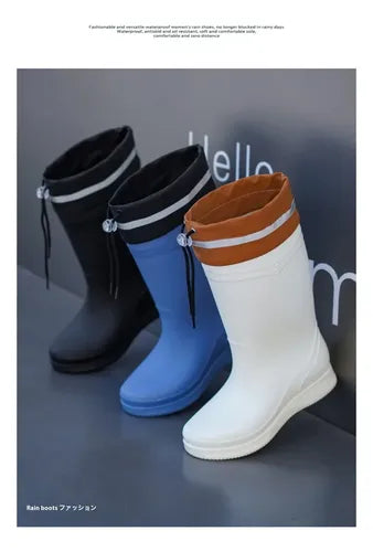 Fashionable Casual Drawstring Mid Tube Waterproof Fleece Rain Boots