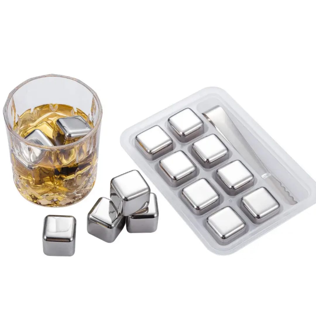 8pcs Stainless Steel Reusable Ice Cubes with Tong