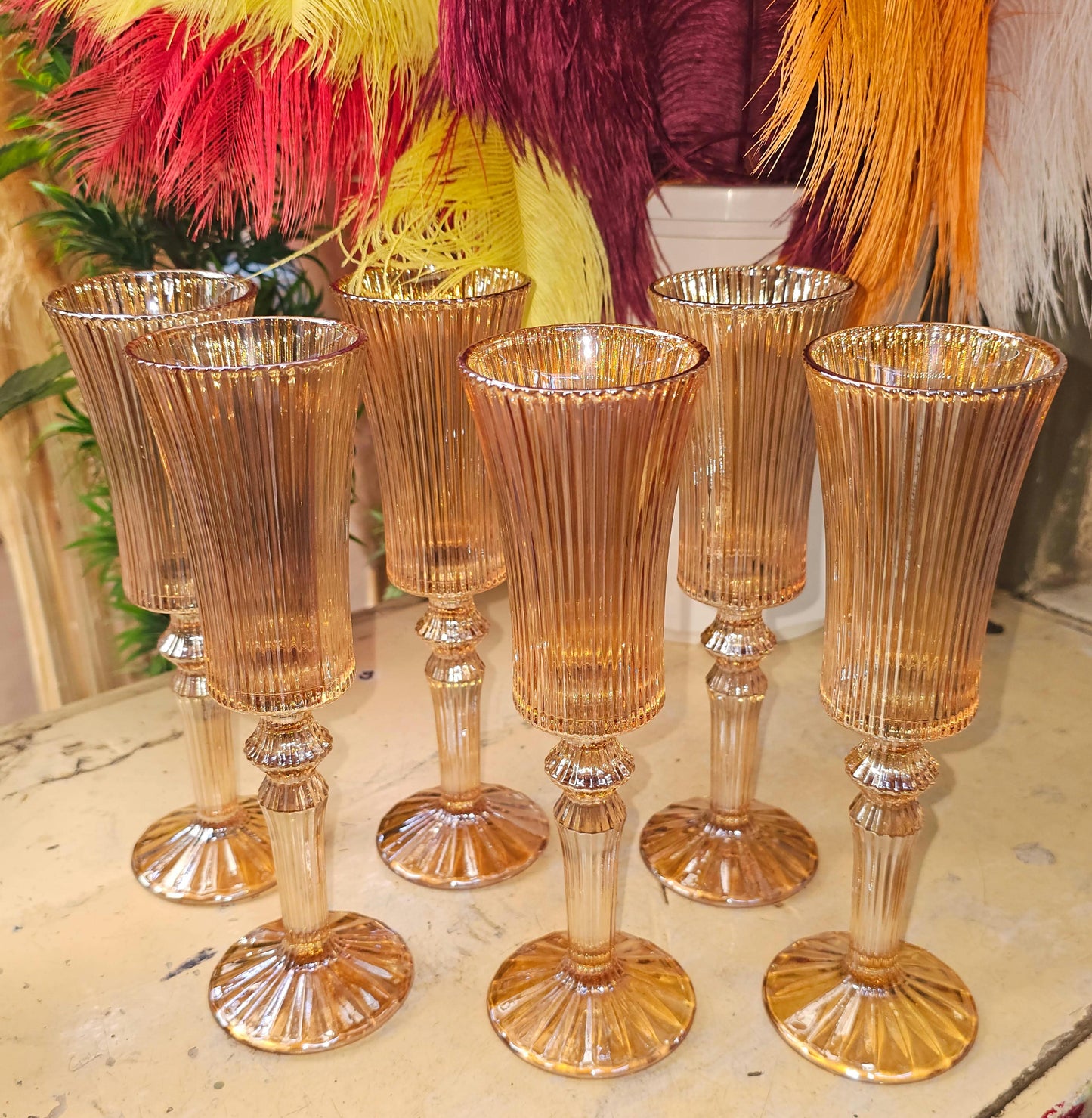 *180ml Gold Vintage Ribbed Champagne Flute glass with gold rim