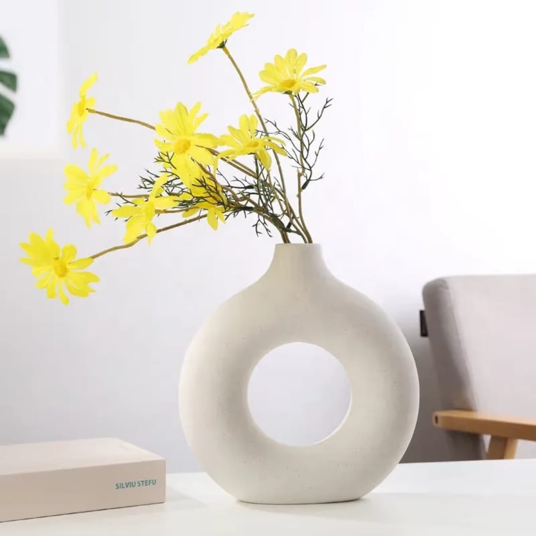 *DECORATIVE NORDIC CIRCULAR DONUT WHITE CERAMIC VASE