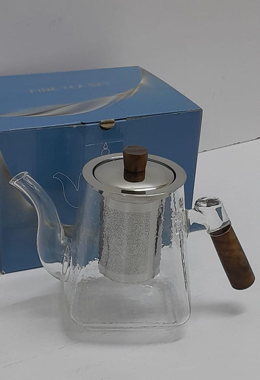 Classy frosted glass tea /beverage pot with bamboo handle.