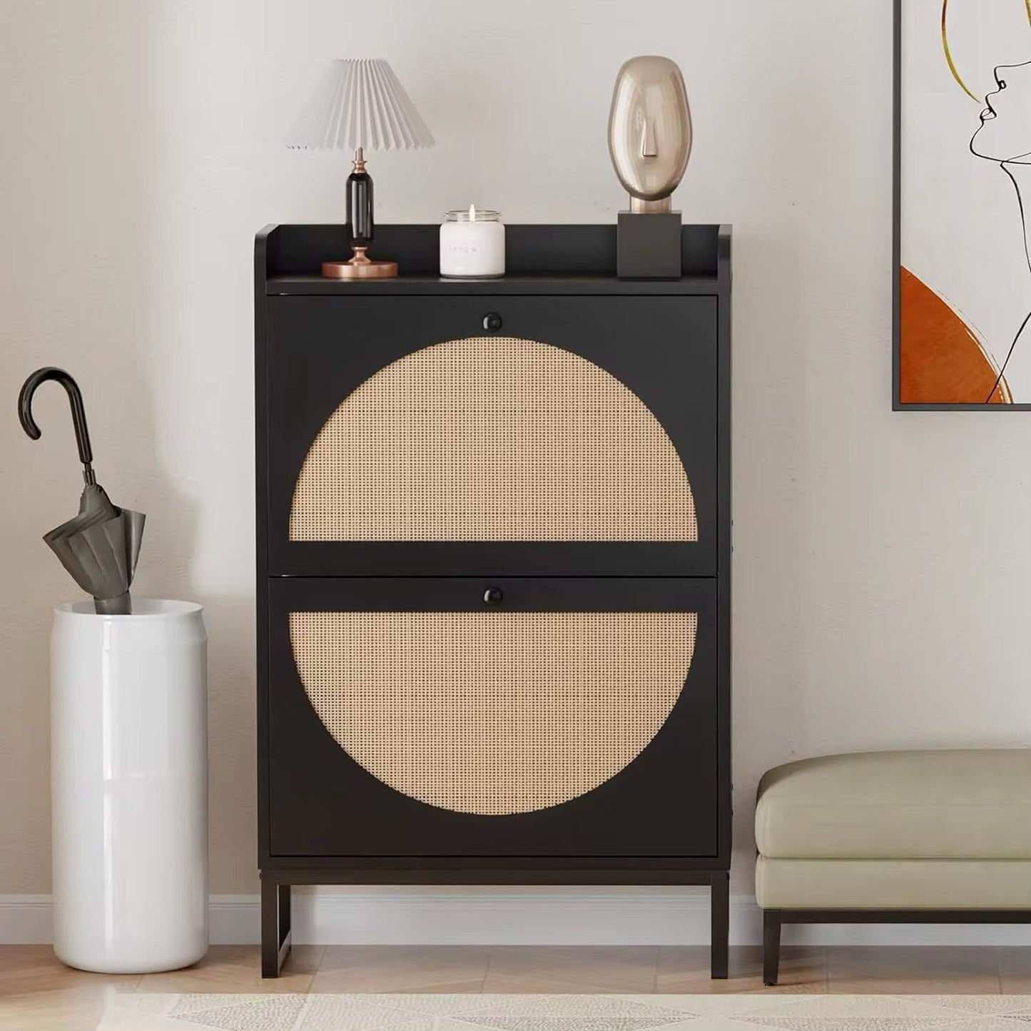 Premium Quality Rattan Wooden Black Bucket Flip Shoe Cabinet