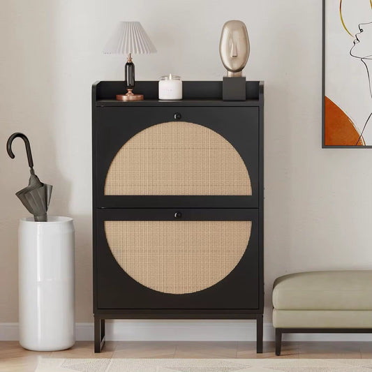 Premium Quality Rattan Wooden Black Bucket Flip Shoe Cabinet