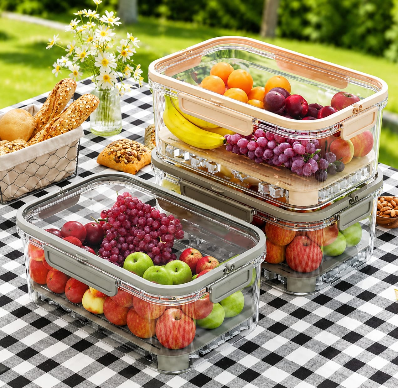 Large capacity airtight food storage container with drain tray.