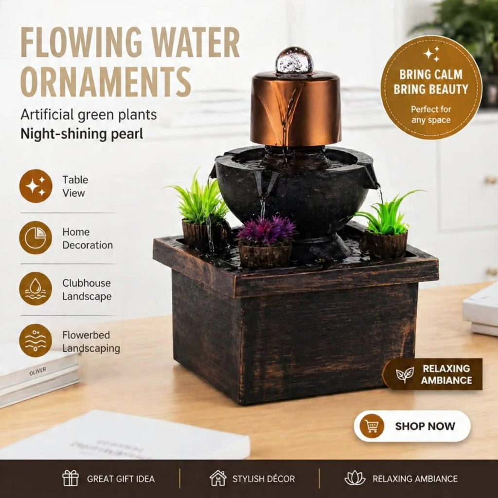 Tabletop Fountain Indoor mini Waterfall Relaxation with Colored Lights and Rotating Bubble Ball