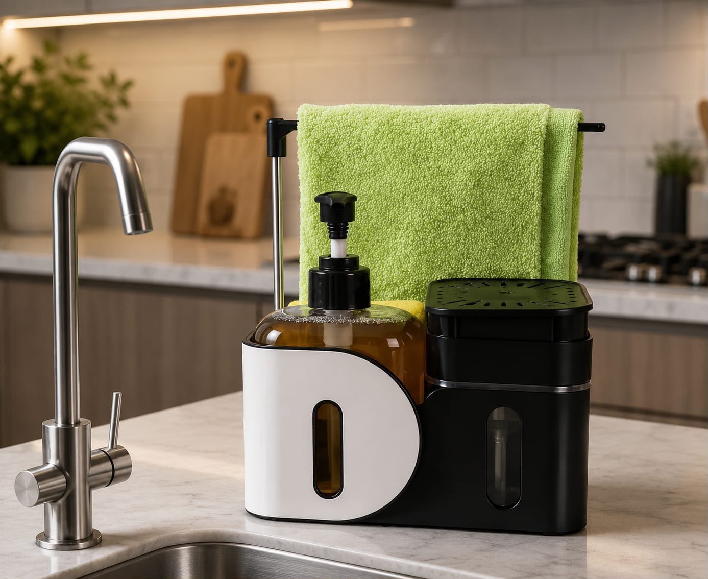 Multifunctional standing kitchen soap dispenser with manual press and rag rack