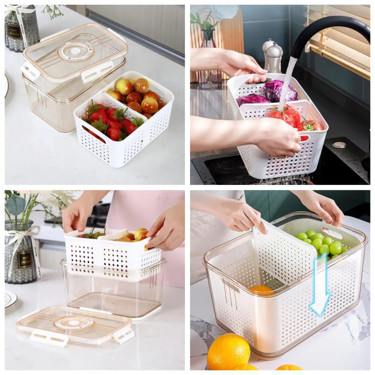 3pcs Airtight Fridge Vegetable/Fruit/food storage Box with Drain Basket with compartment