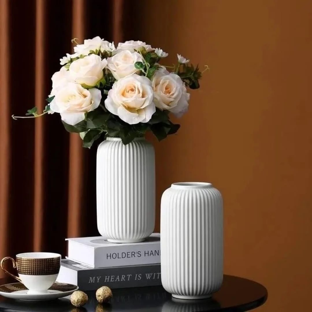 Sleek heavy ribbed modern elegant vase with a glossy finishing
