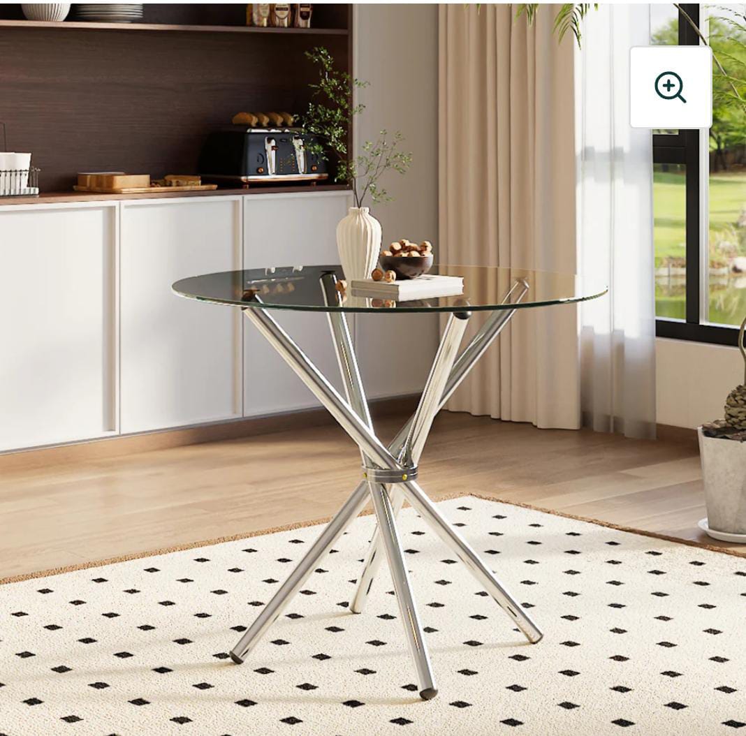 Round Glass Dining Table with Chrome Metal Legs Compact Space Saving Kitchen Table for Restaurants Pub Office and Café
