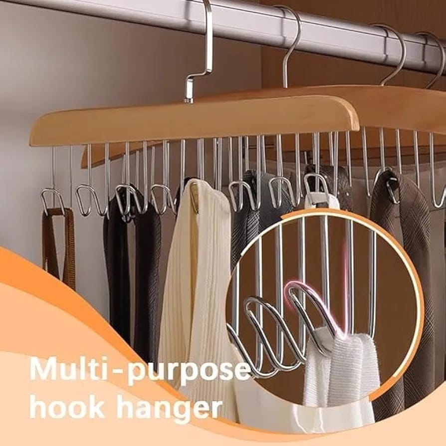 Solid wooden hanger with multiple hooks