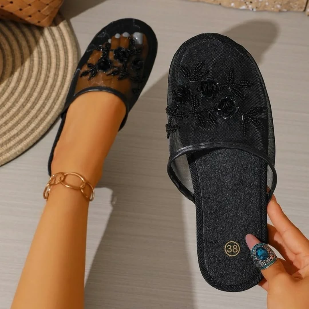 *Luxury Pearl Ornaments Net Mule Slippers Woman Chic Flower Hollow Out Flat Slides Ladies Summer Breathable Mesh Shoes