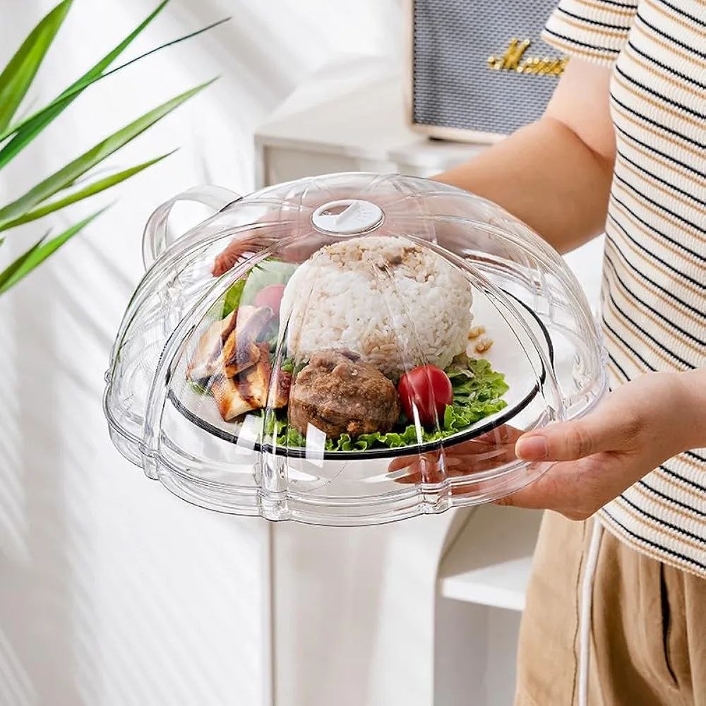 Multipurpose transparent microwave / food splatter cover with an integrated base plate and handle