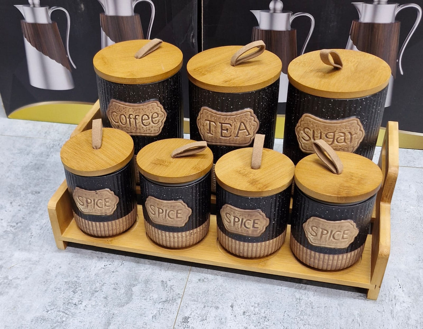 7pc Black Rustic Ceramic Canister Set with Wooden Stand