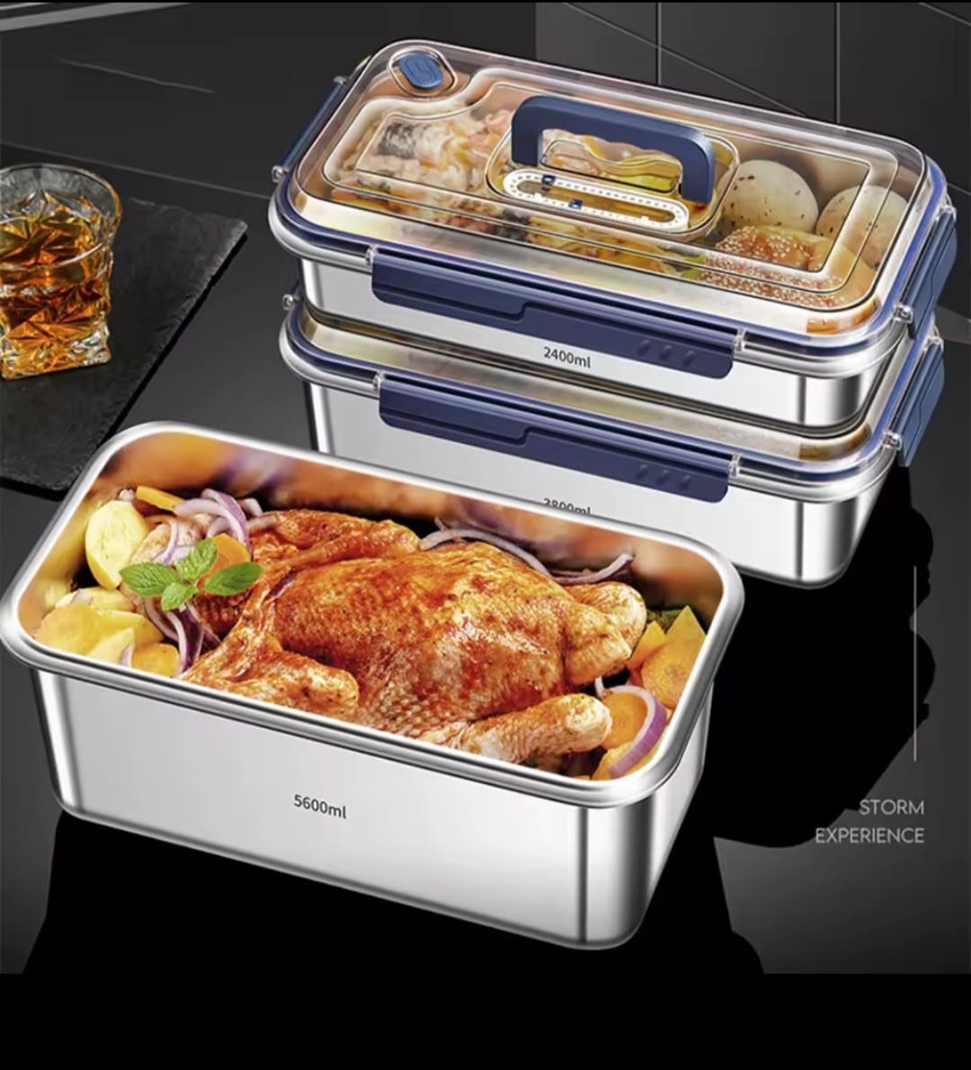 Food grade stainless steel large capacity leak proof kitchen storage container with date indicator.