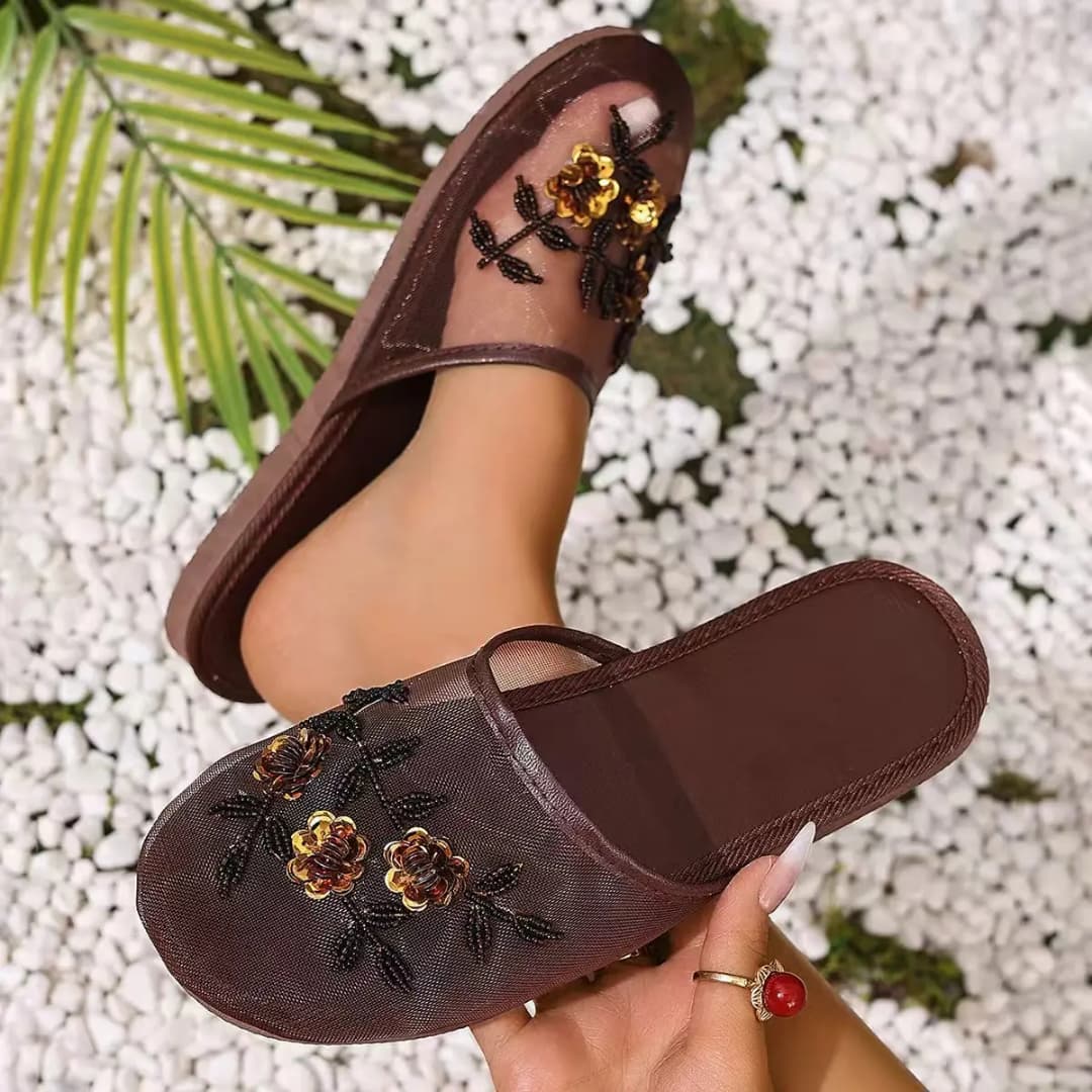 *Luxury Pearl Ornaments Net Mule Slippers Woman Chic Flower Hollow Out Flat Slides Ladies Summer Breathable Mesh Shoes