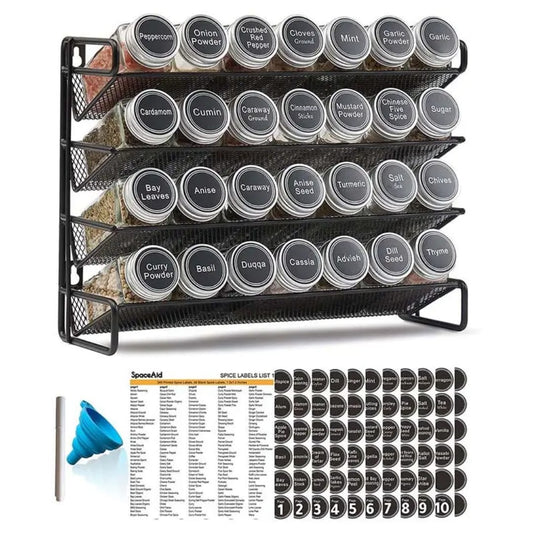 seasoning spice jars with lid and a metallic rack