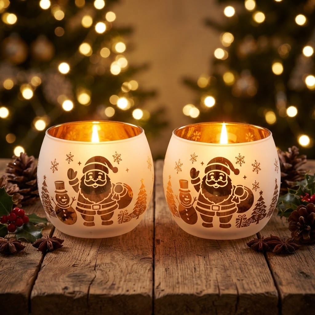 2Pc  Glass Snowflake Tealight Candle  Holders Set