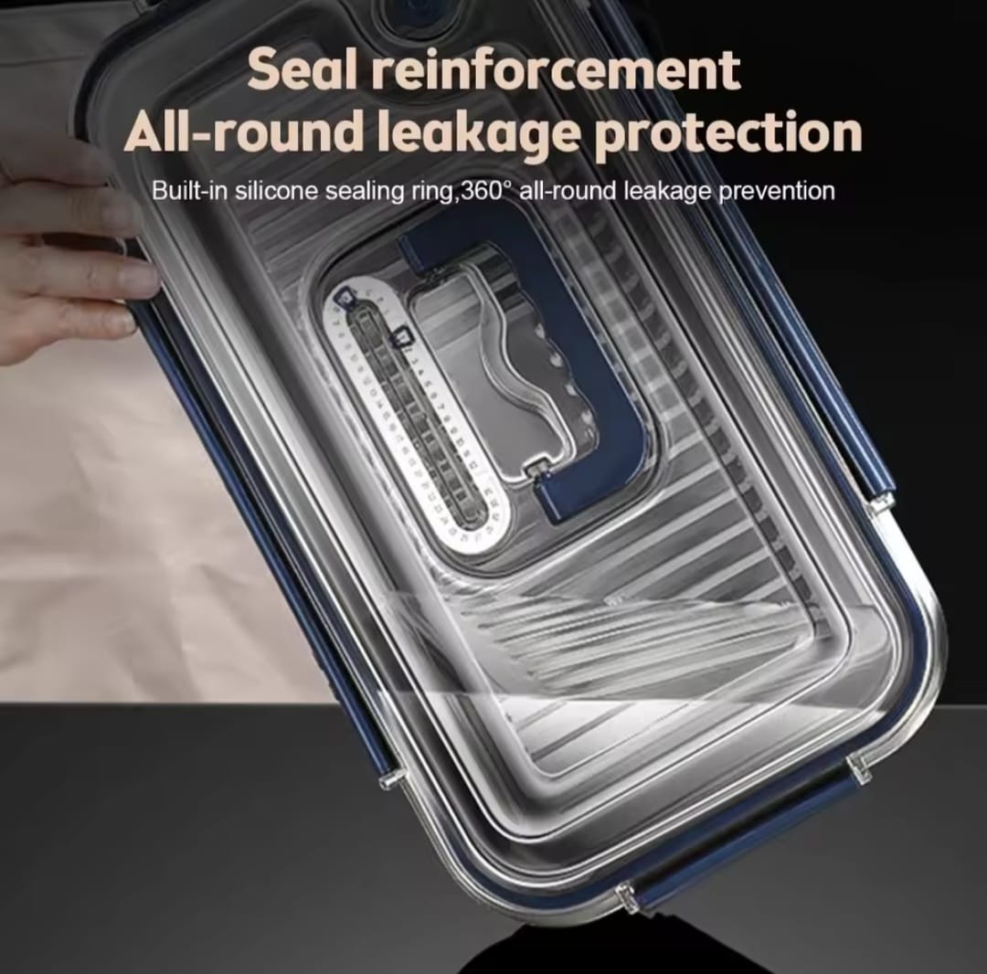 Food grade stainless steel large capacity leak proof kitchen storage container with date indicator.