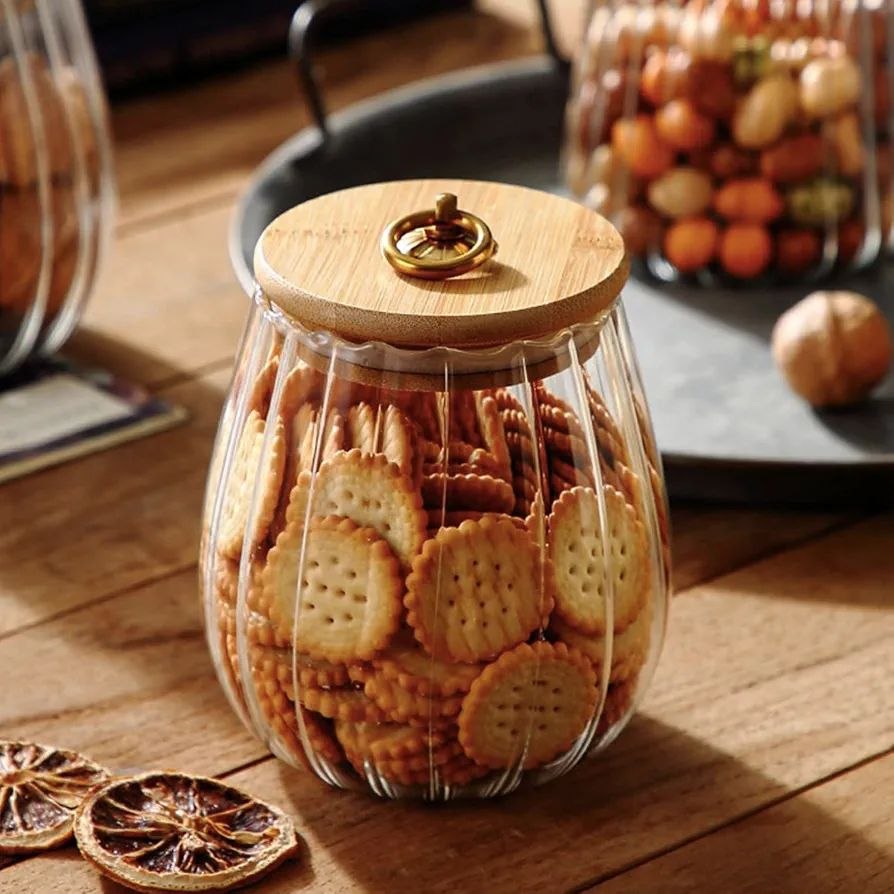 Ribbed glass storage jar
