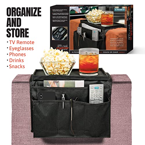 Couch sofa arm rest organizer with top tray and pockets on both sides