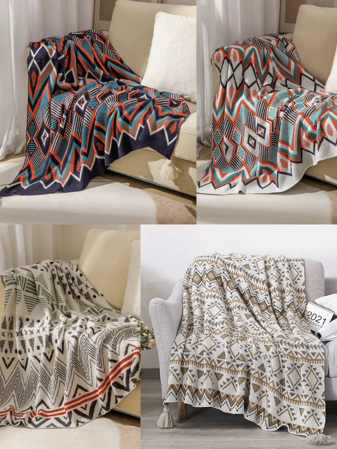 Nordic Bohemian knitted throw blankets with tassels