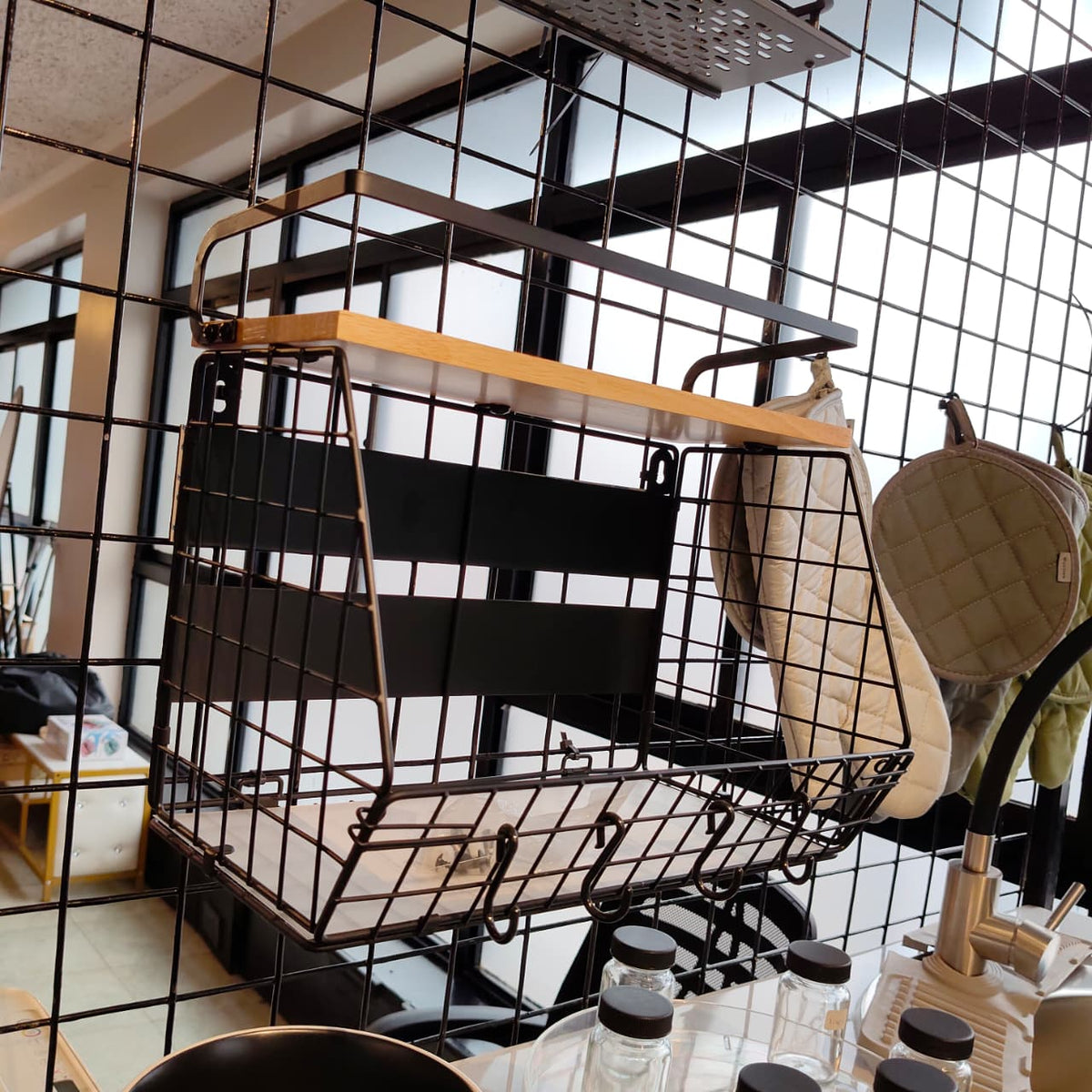 2-Tier Wall-Mounted Kitchen Storage Rack with Basket & Hooks