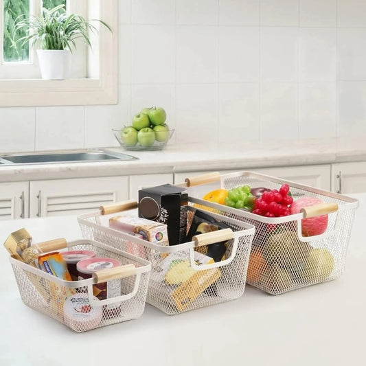 Mesh Plastic Storage Baskets with bamboo Handles