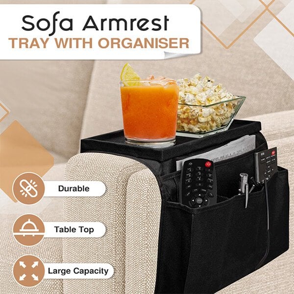 Couch sofa arm rest organizer with top tray and pockets on both sides