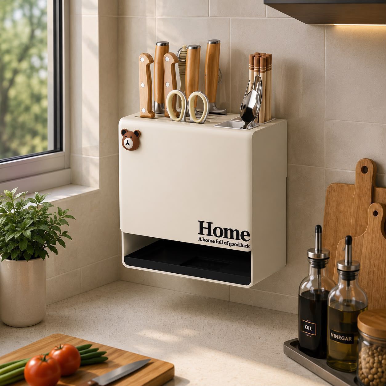 Wall-Mounted Multi-Functional Knife Rack Chopstick Holder Integrated Knife Storage Rack