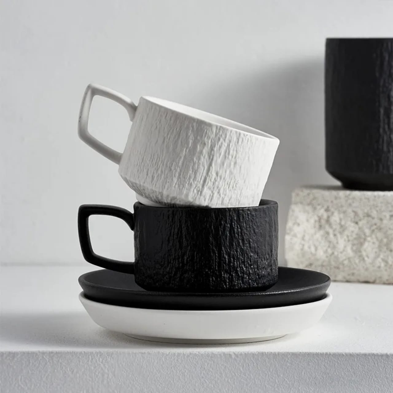 European textured Matte ceramic Cappuccino coffee cup set with saucers