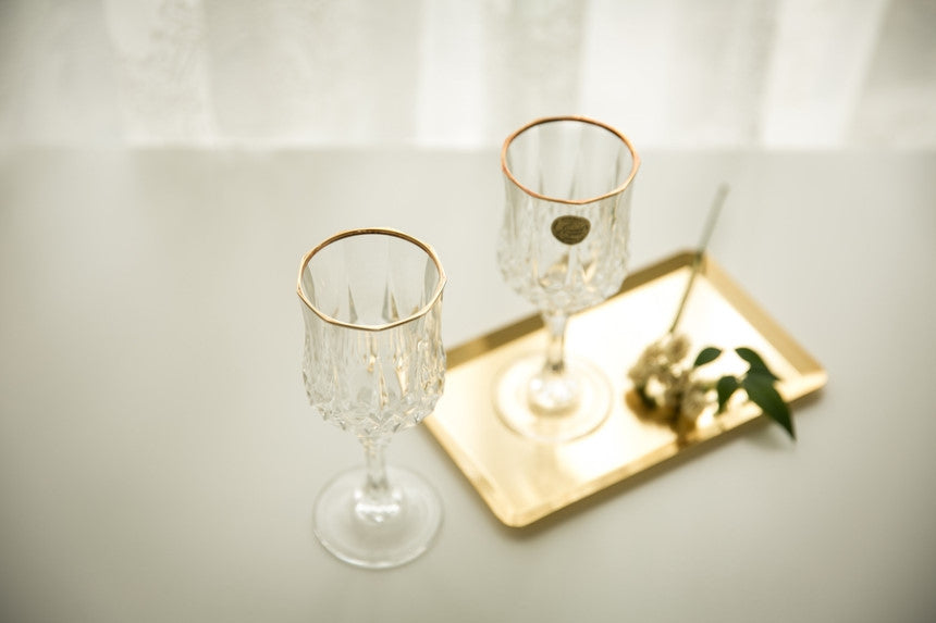 6pcs Cristal d'Arques Garanti France Stemware 24% Lead Crystal glass 6" tall Pair, Gold rim wine glass