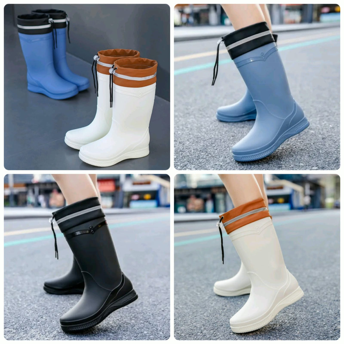 Fashionable Casual Drawstring Mid Tube Waterproof Fleece Rain Boots