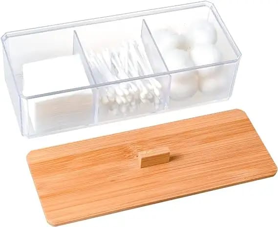 3 Compartment Acrylic Makeup Organizer Cotton Pad Storage Box For Cotton Swabs Rod Cosmetics Jewelry Organizer with Bamboo Lid