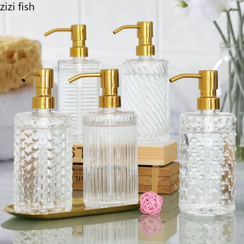 Golden Stainless Steel 400ml  Shampoo Soap Dispenser Vertical Pattern Glass Lotion Bottle