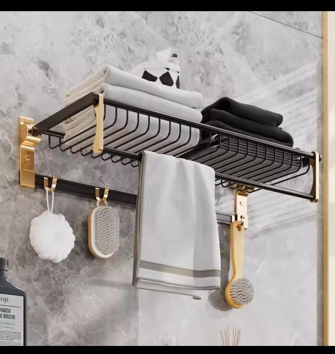 Multifunctional Towel Rack with Hook Bathroom Accessories Wall Mount Rail Shower Hanger Aluminum Matte Black Shelf Organizer
