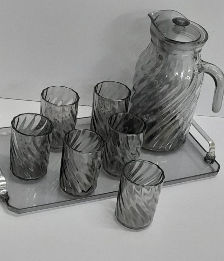 Glass Jug with glasses + Tray