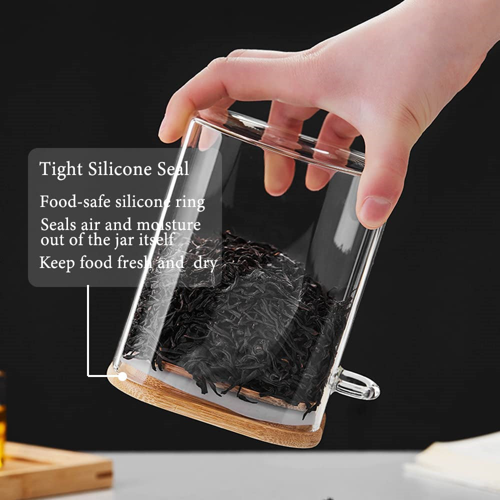 Glass spice / storage jar with spoon and bamboo lid