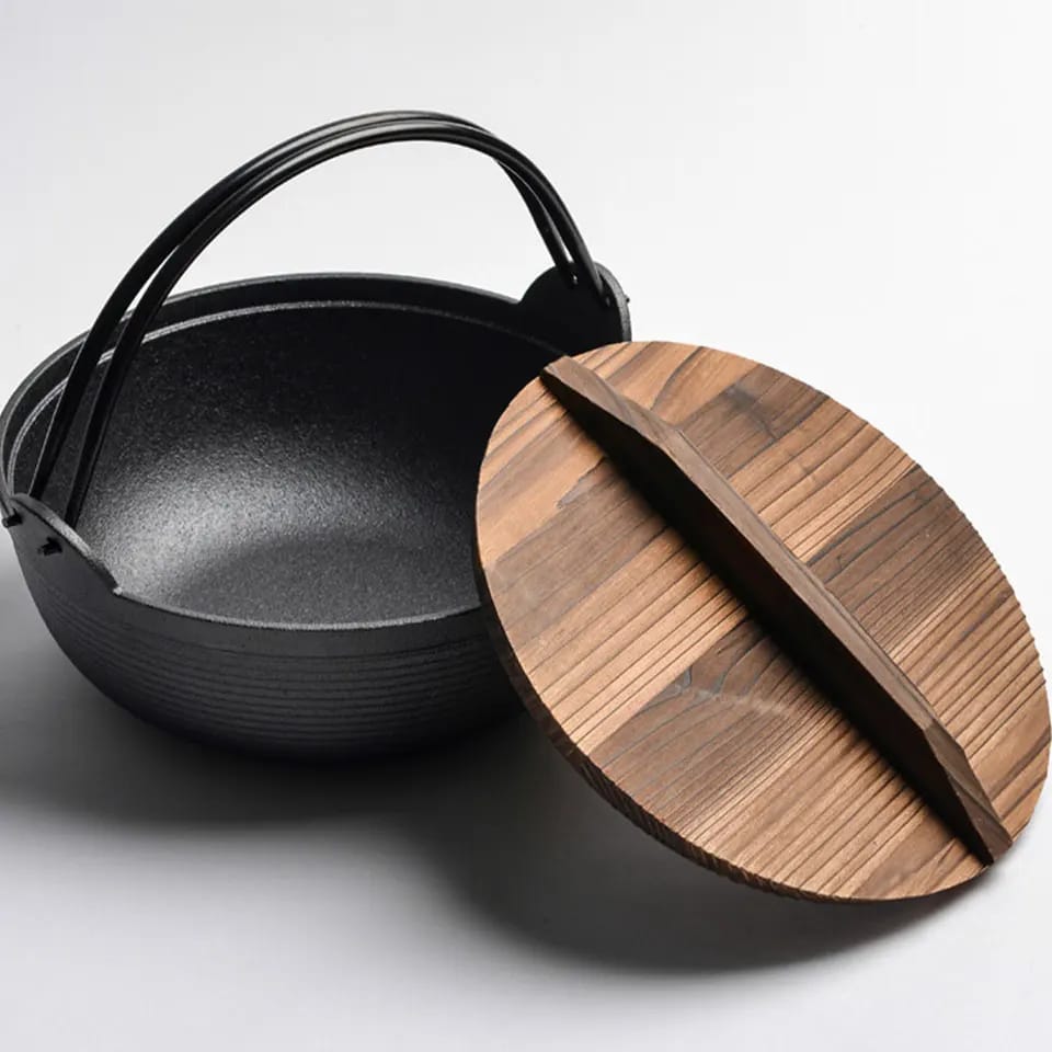 Pre-seasoned Pure Cast Iron Flat Bottom Wok with Wooden Lid