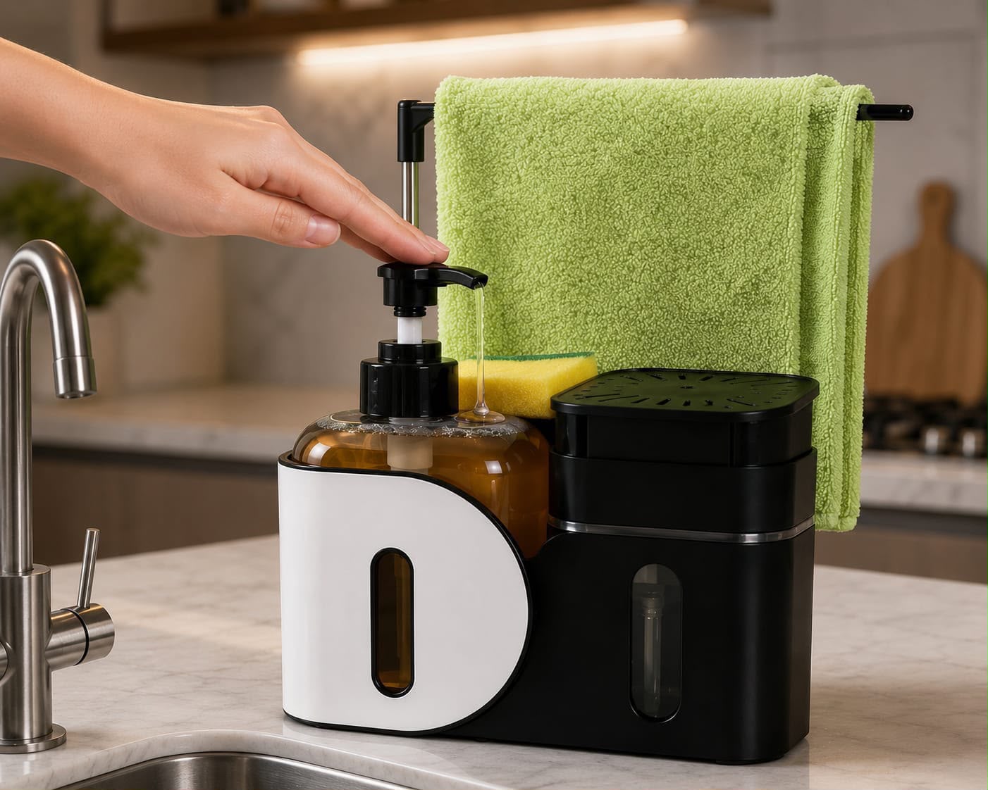 Multifunctional standing kitchen soap dispenser with manual press and rag rack