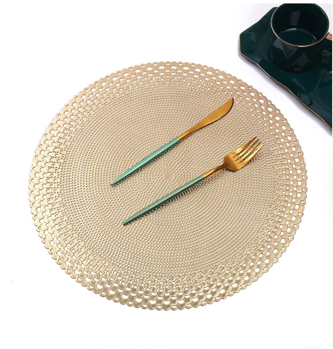 6pcs Round Shell Golden Stamping Hollow PVC Table Mat