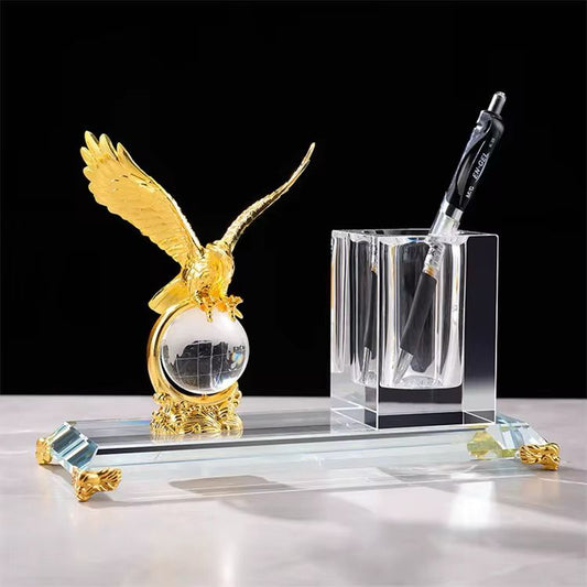 Gold Silver Bronze Metal Eagle with Globe Desktop Gift Crystal Pen Holder Set for Table Office Decoration