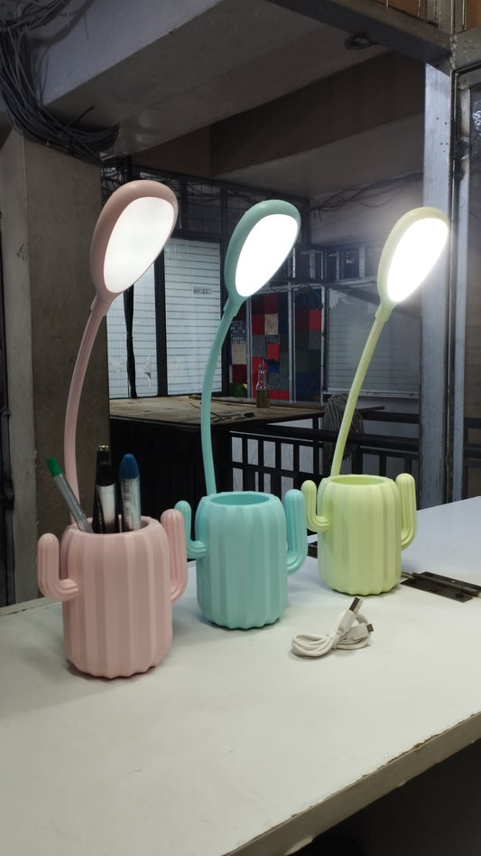 Rechargeable foldable cactus desk lamp with a pen holder