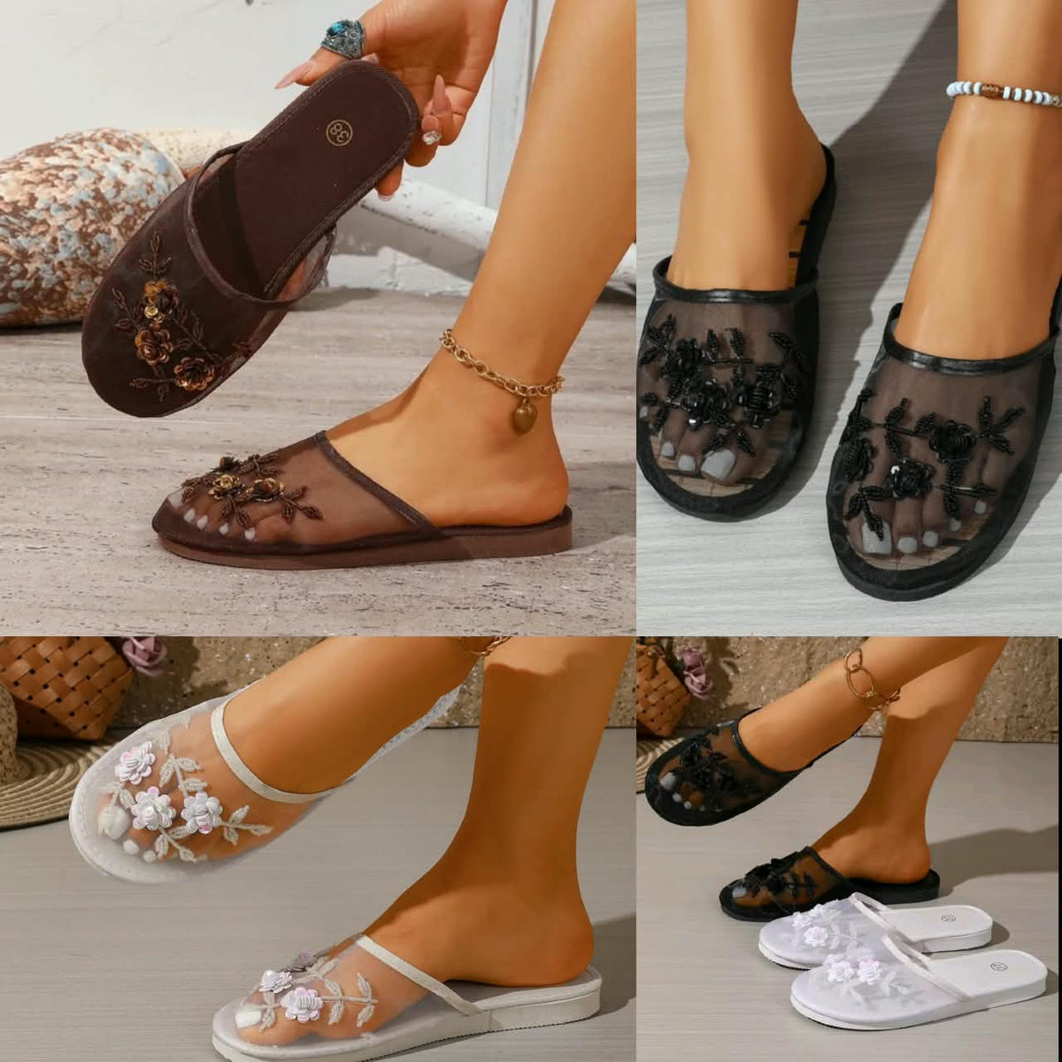 *Luxury Pearl Ornaments Net Mule Slippers Woman Chic Flower Hollow Out Flat Slides Ladies Summer Breathable Mesh Shoes