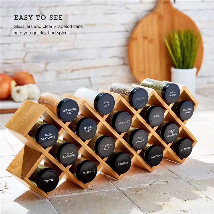 Wooden Spice Rack with 18 × 120ml Glass Jars + Pre-labelled Sticker Sheet
