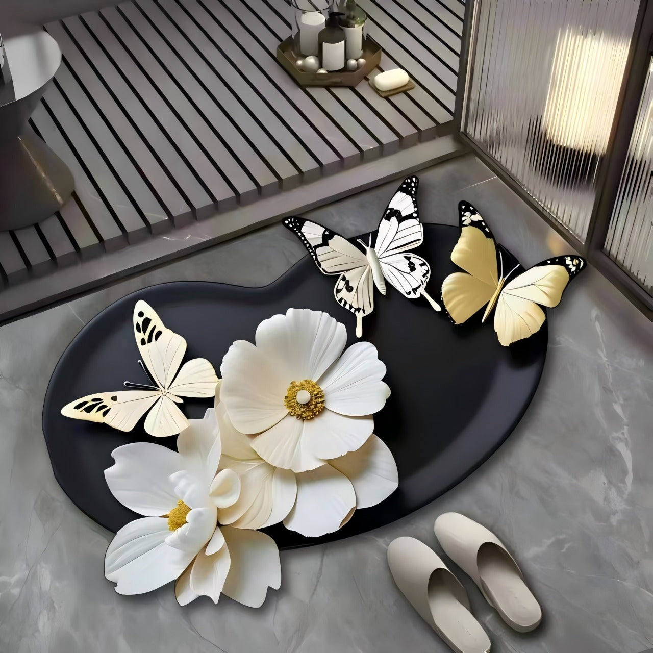 *VIKAMA Simple Butterfly Pattern Irregular Bathroom Floor Mat Anti slip Water absorbing Carpet Bathroom Entrance Foot Mat